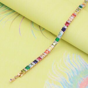 "Rainbow CZ Rose Gold Bracelet with Square Cut Stones, Vibrant Style, XPBL0742